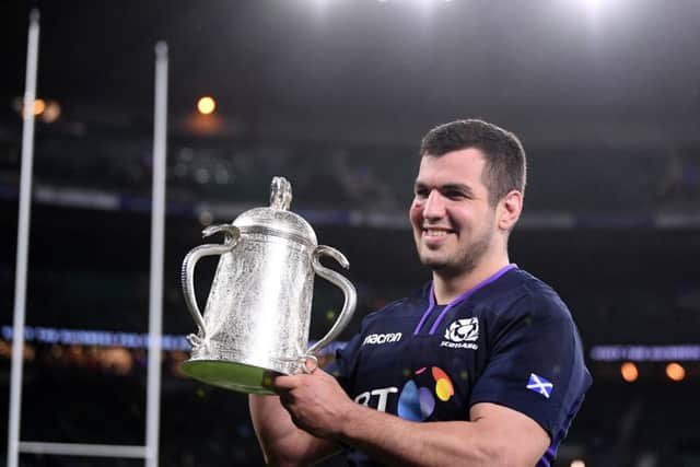 Captain and try-scorer Stuart McInally with the Calcutta Cup. Picture: Getty Images
