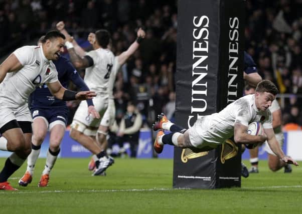George Ford scores England's fifth try in stoppage time in the 38-38 draw with Scotland. Picture: Henry Browne/Getty Images