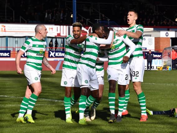 Celtic players celebrate Odsonne Edouard's winner. Picture: SNS