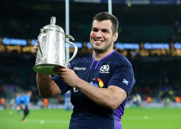 Scotland captain Stuart McInally with the Calcutta Cup. Picture: PA.