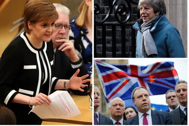 Nicola Sturgeon (left) has hit out at speculation the Democratic Unionist Party (bottom right) may be allowed a seat at Brexit trade talks in an effort by Mrs May to secure the passage of her deal. Pictures: AP