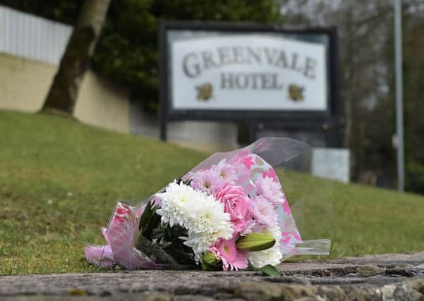COOKSTOWN, NORTHERN IRELAND - MARCH 18: Flowers have been left outside the Greenvale Hotel. Picture: Charles McQuillan/Getty Images
