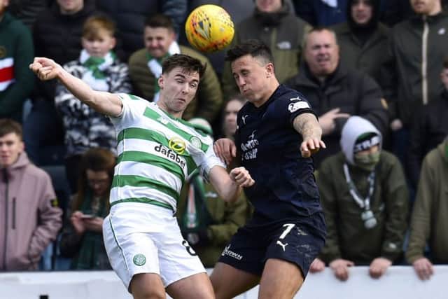 Kieran Tierney goes head to head with John OSullivan of Dundee during Sundays Ladbrokes Premiership game at Dens Park. Picture: Rob Casey/SNS