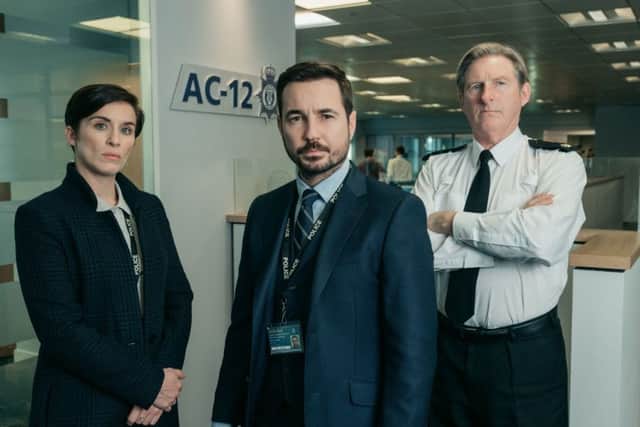 Vicky McClure as DS Kate Fleming, Martin Compston as DS Steve Arnott and Adrian Dunbar as Ted Hastings in Line of Duty