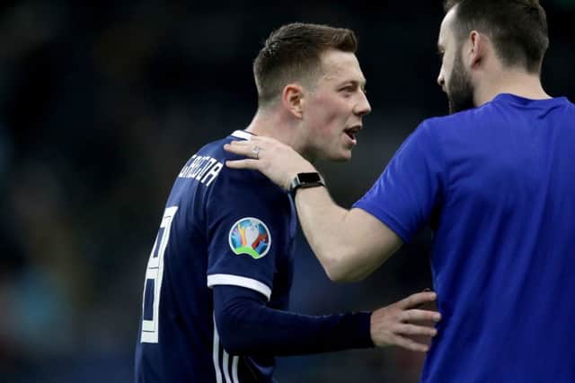 Scotland's Callum McGregor (left) exchanges words with assistant coach James McFadden after the UEFA Euro 2020 Qualifying, Group I match at the Astana Arena. PRESS ASSOCIATION Photo. Picture date: Thursday March 21, 2019. See PA story SOCCER Kazakhstan. Photo credit should read: Adam Davy/PA Wire. RESTRICTIONS: Use subject to restrictions. Editorial use only. Commercial use only with prior written consent of the Scottish FA.