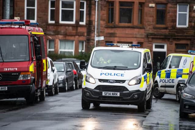 Two people are in hospital following an explosion at a block of flats in Govan, Glasgow. Picture: John Devlin