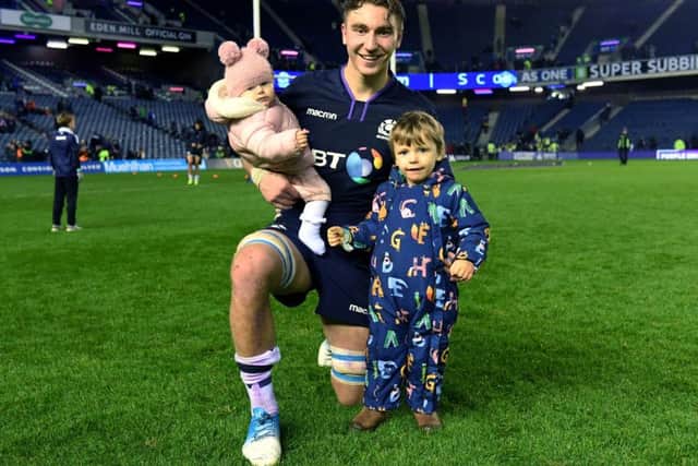 Scotland flanker 
Jamie Ritchie with his children Ava, left, and Oscar. Picture: Gary Hutchison/SNS