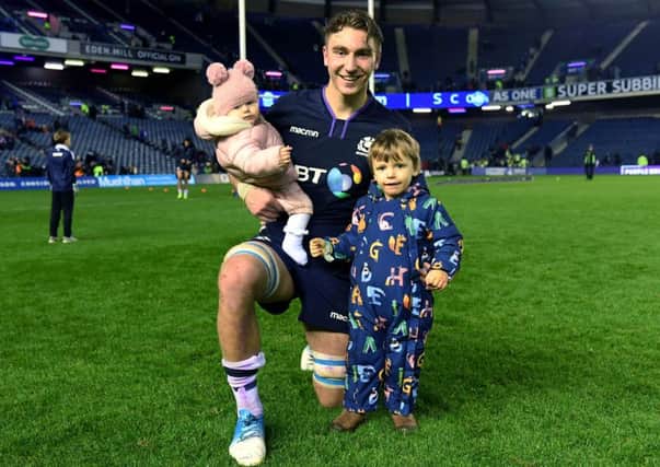 Scotland flanker 
Jamie Ritchie with his children Ava, left, and Oscar. Picture: Gary Hutchison/SNS