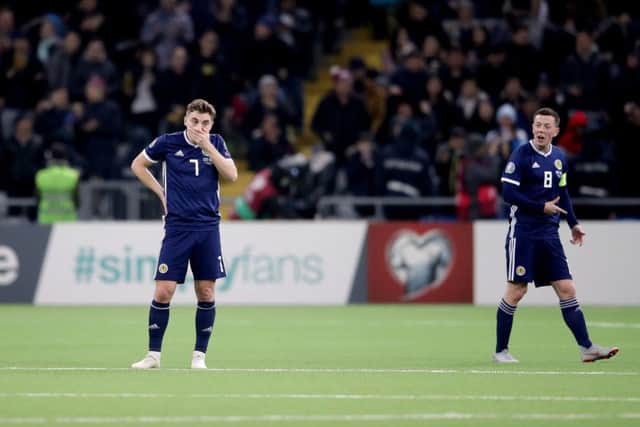 Scotland's David Bates, left, James Forrest, centre, and Callum McGregor. Picture: Adam Davy/PA Wire