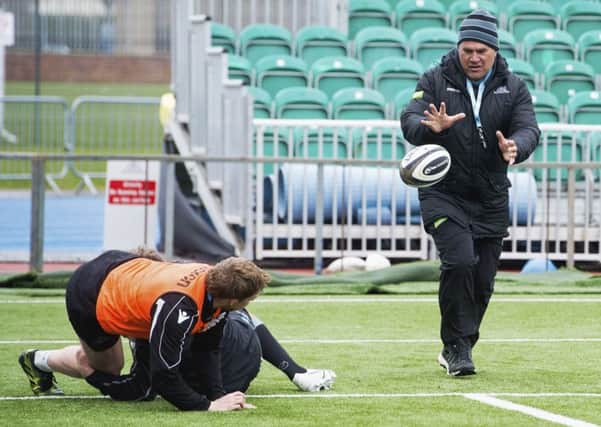 Glasgow coach Dave Rennie takes part in a training exercise at Scotstoun ahead of his side's Pro14 clash with Cheetahs. Picture: SNS/SRU