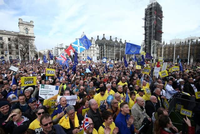 Anti-Brexit campaigners gather in Parliament Square, as they take part in the People's Vote March in London. Pic: Yui Mok/PA Wire