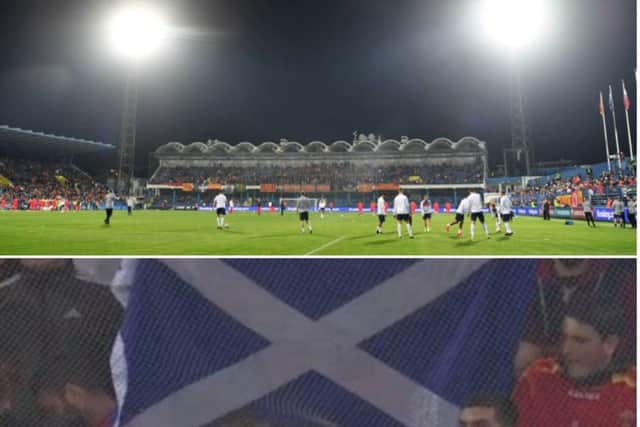Composite image showing a general view of the Podgorica City Stadium and screengrab of the flag. Pictures: Getty images/Contributed