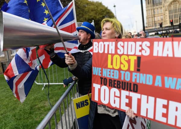 Anti-Brexit campaigner Steve Bray waits for members of the media to start their live broadcasting outside the Houses of Parliament. Picture: Leon Neal/Getty Images
