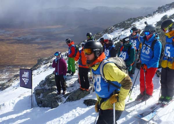 Skiers at the start gate of the 2019 Coe Cup, including the eventual winner of the male ski category, Rob Kingsland (yellow jacket)