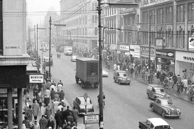 This black and white photograph shows the intersection with Buchanan Street in 1963.