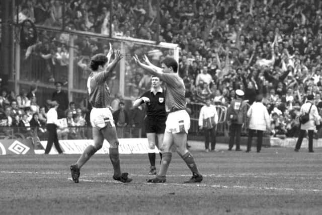 Ally McCoist, left, and Kevin Drinkell celebrate Rangers' 2-1 win at Parkhead in 1989.