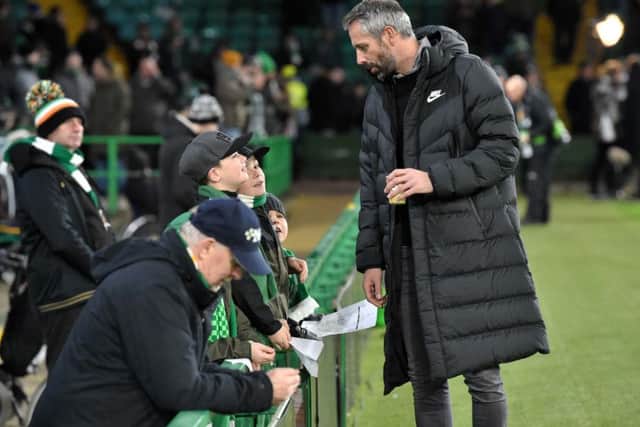 RB Salzburg manager Marco Rose chats with Celtic fans. Picture: SNS/Ross Parker