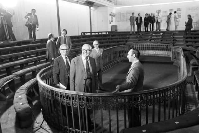 James Callaghan tours the former Royal High School in Edinburgh in August 1976. It was here a mooted Scottish Assembly would have met. Picture: Ian Brand