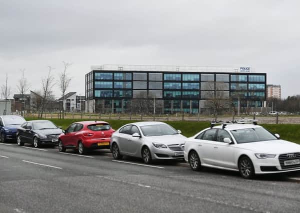 Cars parked on cycle lane. Police Scotland staff have been parking on a cycle lane near to their office at 2 Clyde Gateway in Glasgow. Picture: John Devlin