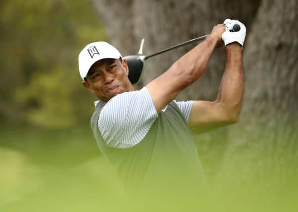 Tiger Woods plays his shot from the eighth tee in his match against Patrick Cantlay. Picture: Ezra Shaw/Getty Images