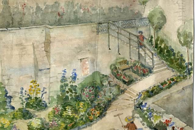 A watercolour by Norah Geddes of her  Kings Wall Garden in Edinburgh, which dates to 1909. It was one of many derelict urban spaces she overhauled with colour and life. PIC: Strathclyde Universtiy/Roger Mears.