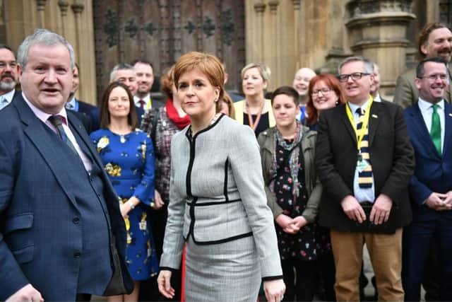First Minister and SNP leader Nicola Sturgeon joins MPs outside the Houses of Parliament. Photo by Ben Cawthra/REX/Shutterstock