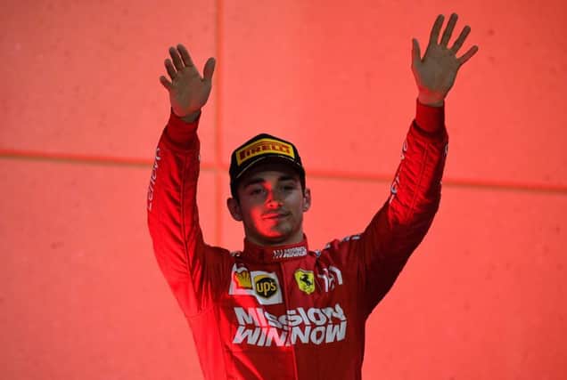 Charles Leclerc on the Bahrain podium after engine trouble robbed him of a maiden F1 victory. Picture: Clive Mason/Getty