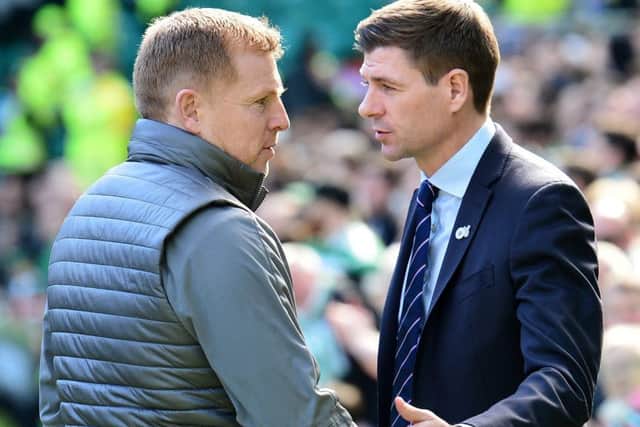 Steven Gerrard with opposite number Neil Lennon. The Rangers boss took aim at Lennon and his assistant John Kennedy. Picture: Getty Images
