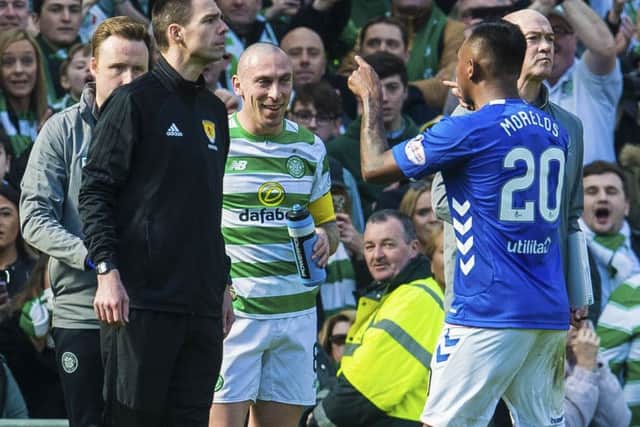 Alfredo Morelos has blamed Scott Brown, Celtic players and officials for his sending off