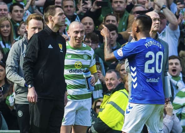 Alfredo Morelos has blamed Scott Brown, Celtic players and officials for his sending off