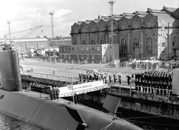 The nuclear submarine HMS Dreadnought is recommissioned at Rosyth naval base in September 1970. The vessel would be decommisioned 10 years later and now awaits its eventual scrapping at the same dockyard. Picture: TSPL