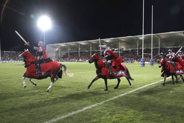 Crusader horsemen have been a traditional part of pre-match entertainement for the Christchurch-based Crusaders team. Picture: Mark Baker/AP