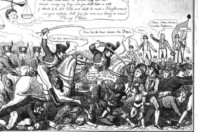A cartoon showing citizens of Manchester who met at St Peter's Fields to demand the reform of parliament in 1819 and were cut down by the yeomanry (Picture: Hulton Archive/Getty Images)