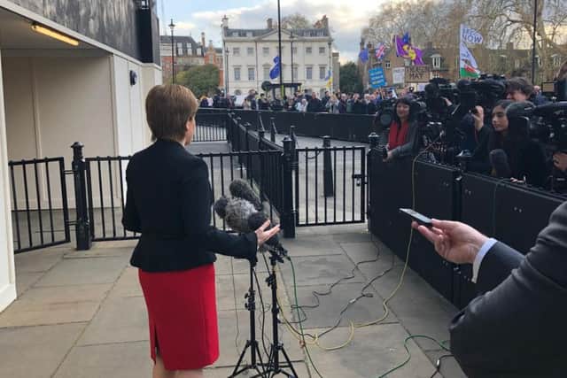 First Minister Nicola Sturgeon faces the media after meetings at Westminster with Jeremy Corbyn and Theresa May