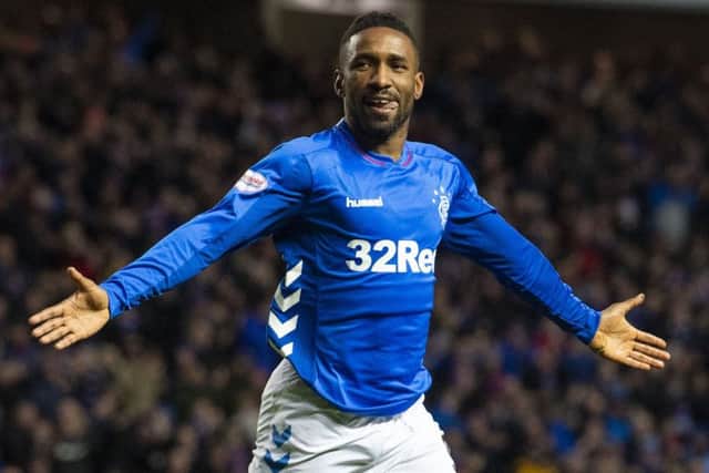 Jermain Defoe celebrates after scoring Rangers' opener against Hearts. Picture: Alan Harvey/SNS