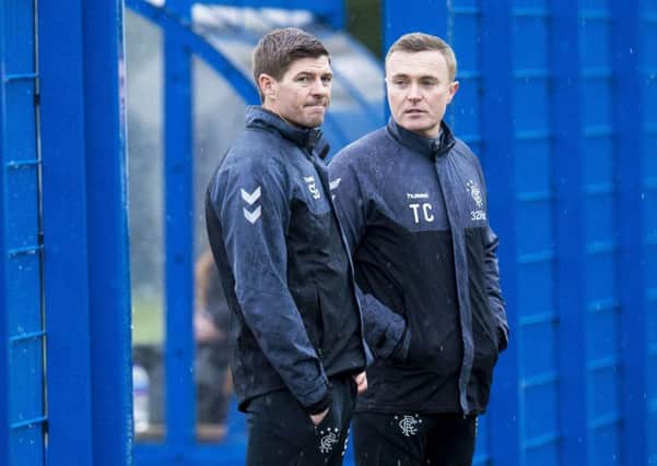 Rangers manager Steven Gerrard at the Hummel Training Centre alongside assistant coach Tom Culshaw. Picture: SNS