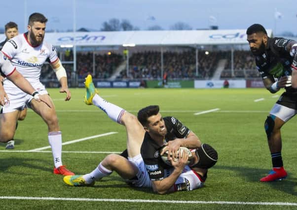 Stand-off Adam Hastings goes over to score Glasgow's second try of the night against Ulster. Picture: Bill Murray/SNS/SRU