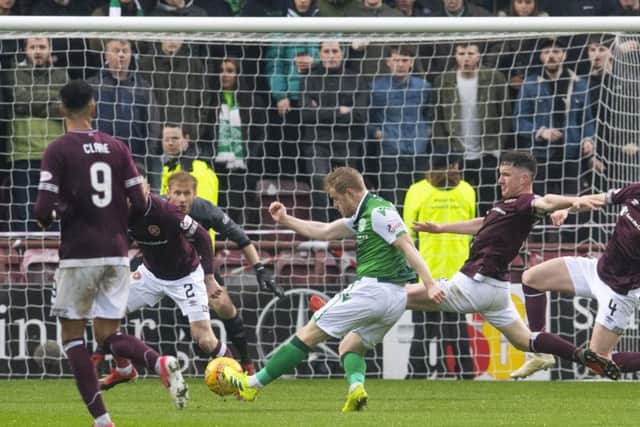Hibernian's Daryl Horgan scores the winning goal. Pic: SNS/Craig Foy