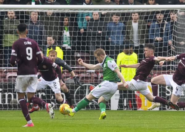 Hibernian's Daryl Horgan scores the winning goal. Pic: SNS/Craig Foy
