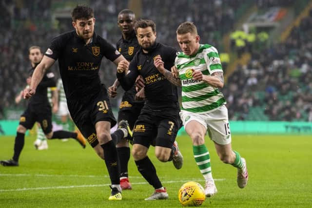Celtic's Jonny Hayes in action alongside Keaghan Jacobs and Declan Gallagher. Pic: SNS/Alan Harvey