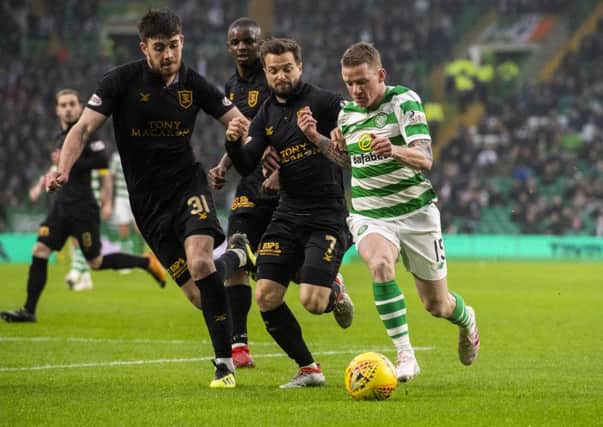 Celtic's Jonny Hayes in action alongside Keaghan Jacobs and Declan Gallagher. Pic: SNS/Alan Harvey
