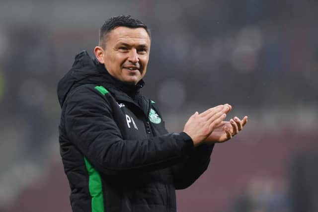 Hibernian manager Paul Heckingbottom applauds the fans at full time. Pic: SNS/Craig Williamson