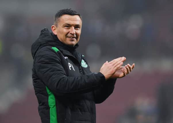 Hibernian manager Paul Heckingbottom applauds the fans at full time. Pic: SNS/Craig Williamson