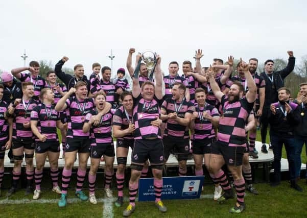 Ayr captain Pete McCallum lifts the trophy as they are crowned Tennent's Premiership champions. Pic: SNS/SRU/Bruce White