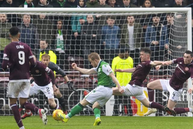 Daryl Horgan scores Hibs' winner at Tynecastle. Picture Craig Foy/SNS