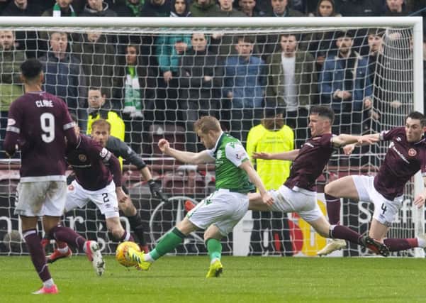 Daryl Horgan scores Hibs' winner at Tynecastle. Picture Craig Foy/SNS