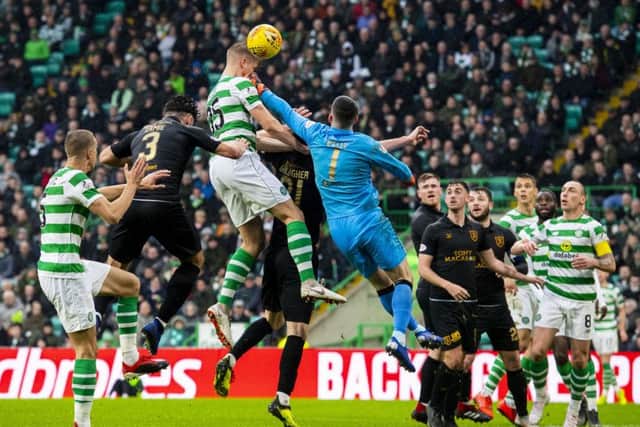 Celtic's Kris Ajer gets his head to the ball but fails to score on a frustrating afternoon for the home side against Livingston. Picture: Alan Harvey/SNS