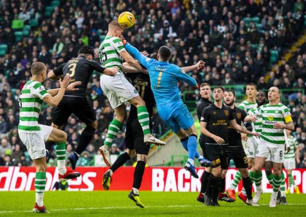 Celtic's Kris Ajer gets his head to the ball but fails to score on a frustrating afternoon for the home side against Livingston. Picture: Alan Harvey/SNS