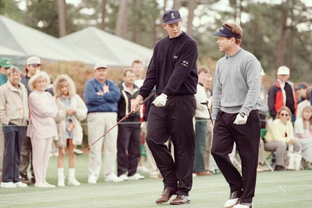 Gordon Sherry and Tom Watson during their practice round at Augusta. Picture: Stephen Munday/Allsport