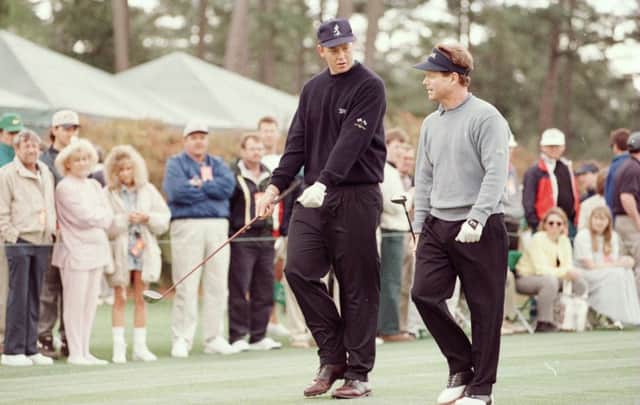 Gordon Sherry and Tom Watson during their practice round at Augusta. Picture: Stephen Munday/Allsport